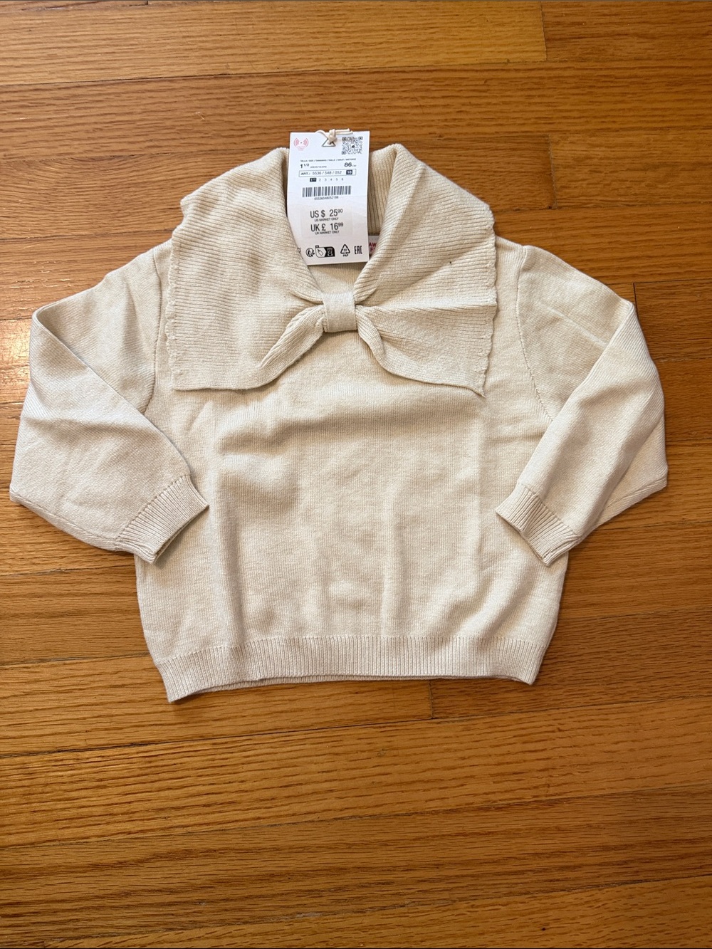 Zara Cream Knit Sweater with Sailor Collar and Bow Accent